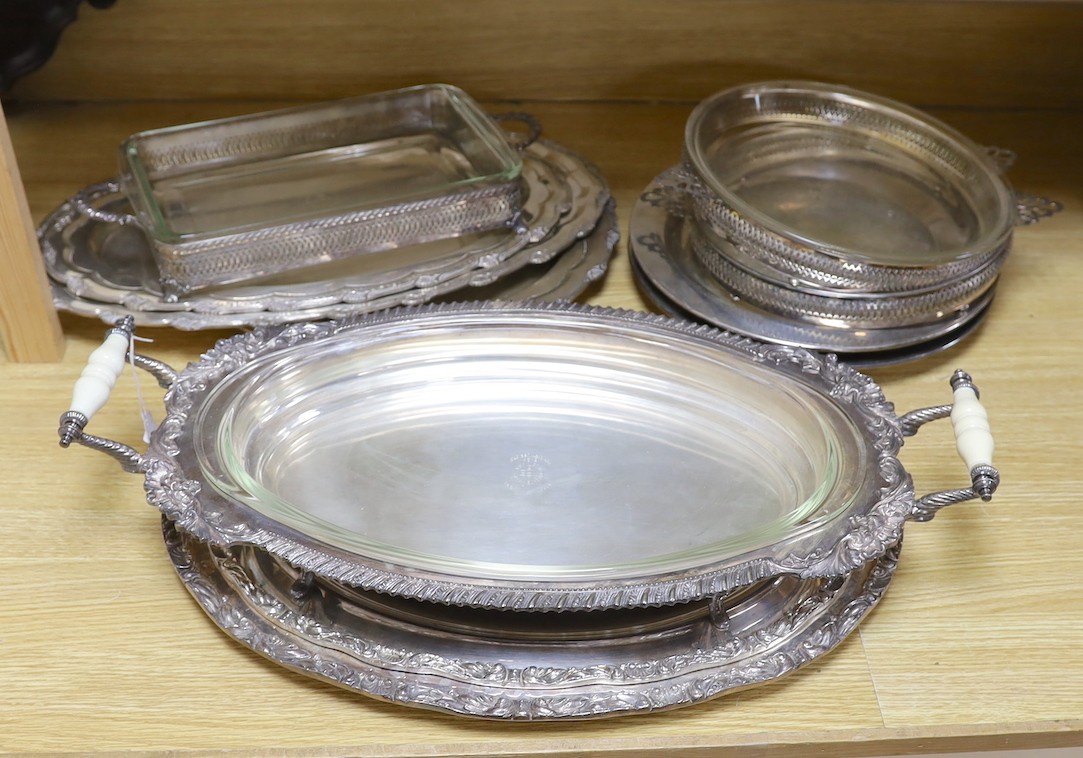 A quantity of various plated wares including a set of oval serving dishes and two-handled dishes